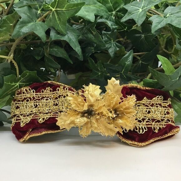 Velveteen Bow Barrette Gold Burgundy Vintage 1980s main image 4